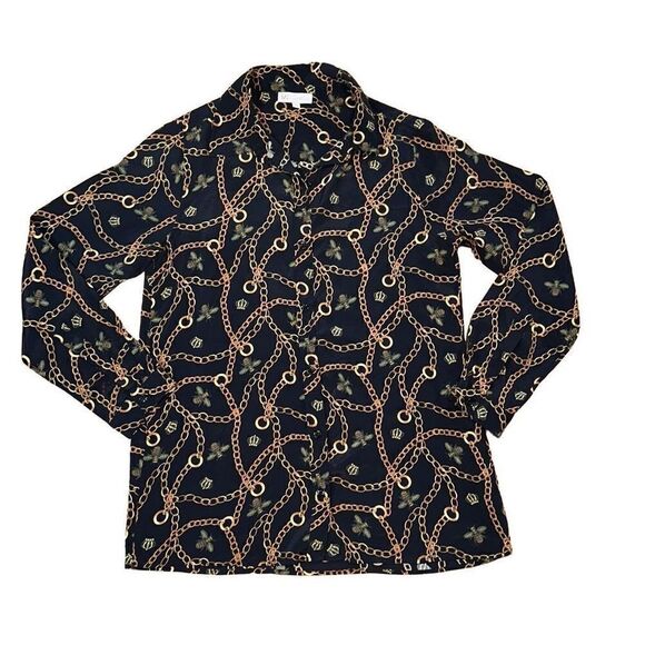 DG2 Diane Gilman Collection Silk Blend Top bee, chains, gold bling button up - Picture 2 of 9